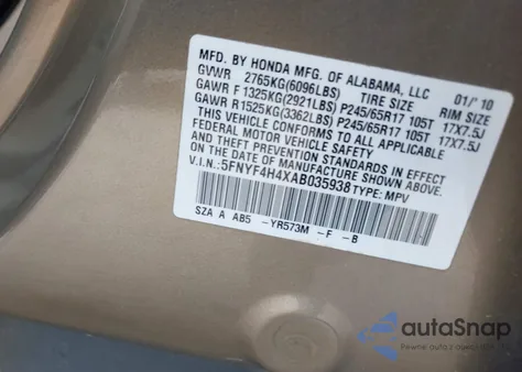2010 Honda Pilot Ex from USA, damaged, VIN 5FNYF4H4XAB035938